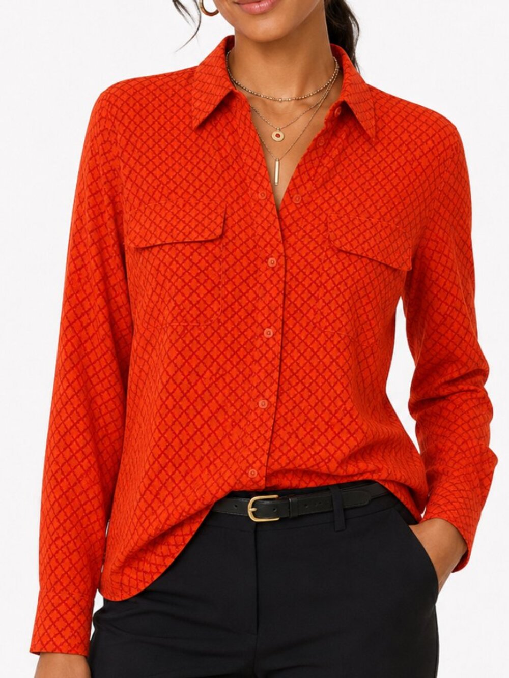 Neiman Marcus Orange Pink Geometric Button-Down Blouse Size Large